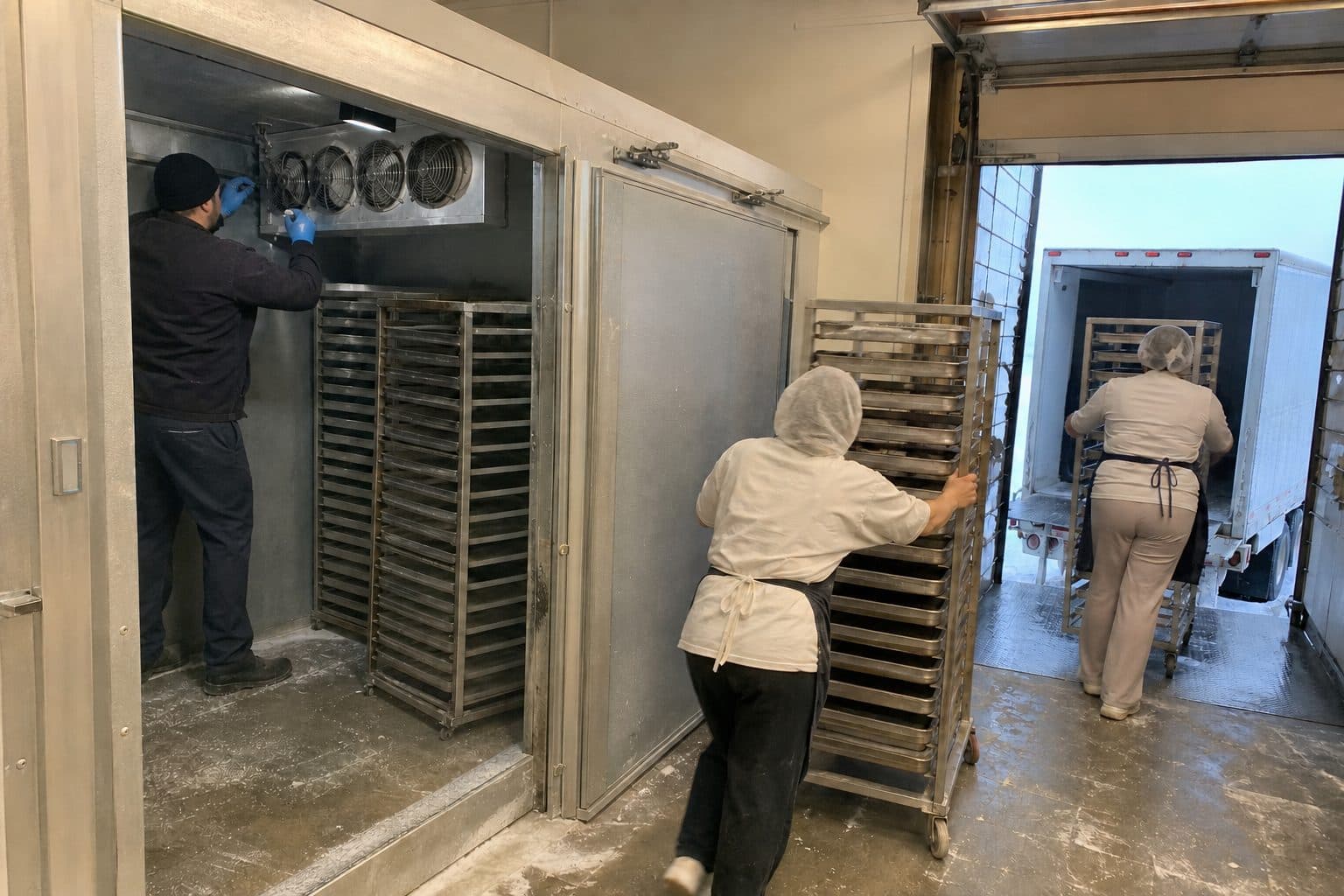 Staff moving trays and sheet pans of prepared product out of a commercial freezer into insulated transport during an emergency transfer