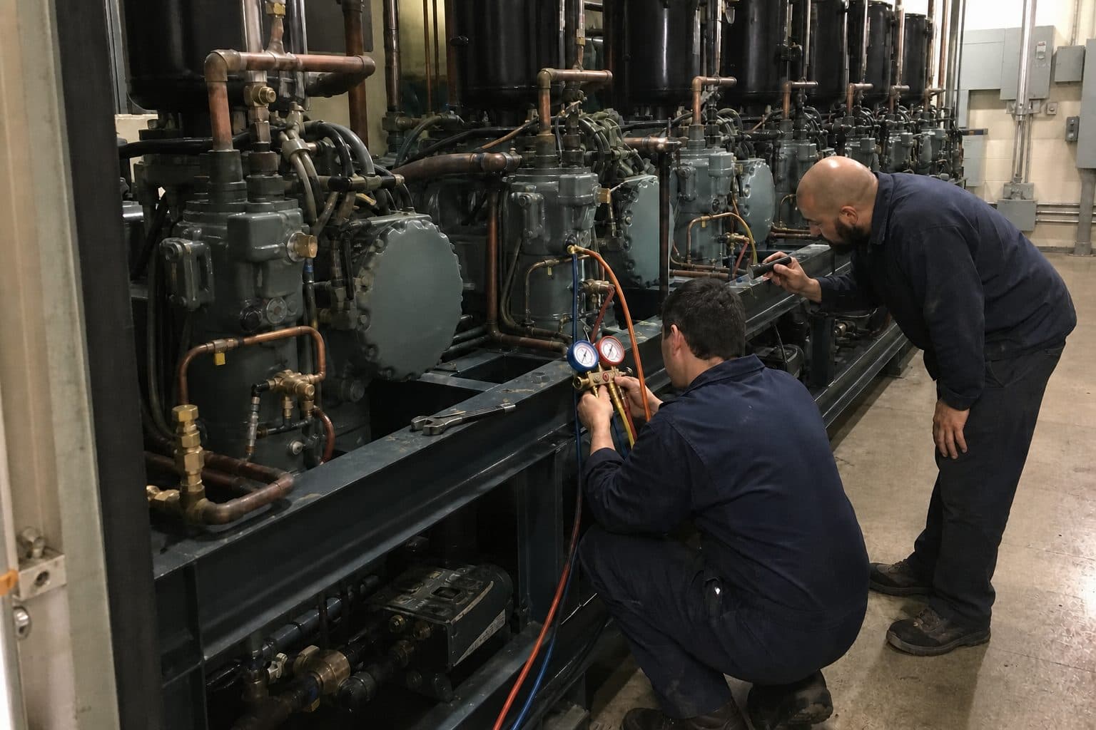 Technicians taking readings on a multi-compressor refrigeration rack in a mechanical room