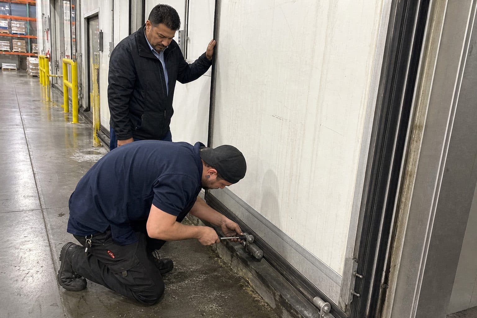 A technician repairing the door and closer on a distribution centre cold room while pallets wait to move through the opening