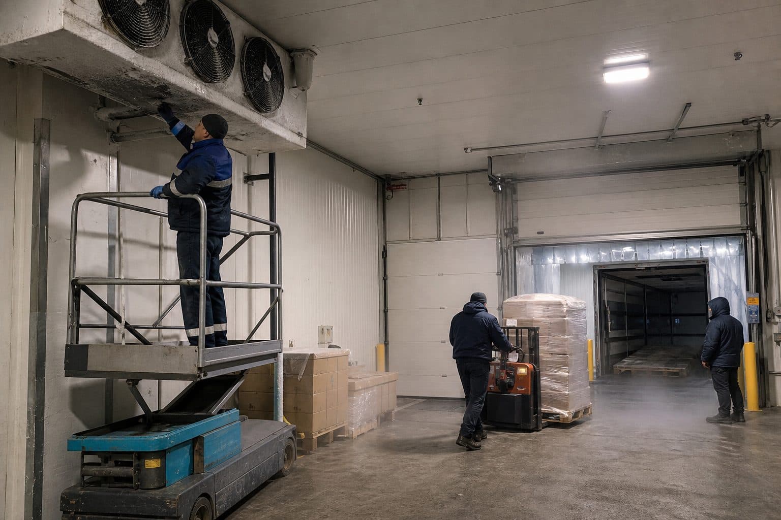 A technician working overhead on refrigeration equipment in a distribution centre while a forklift moves a pallet of stock clear of the room below