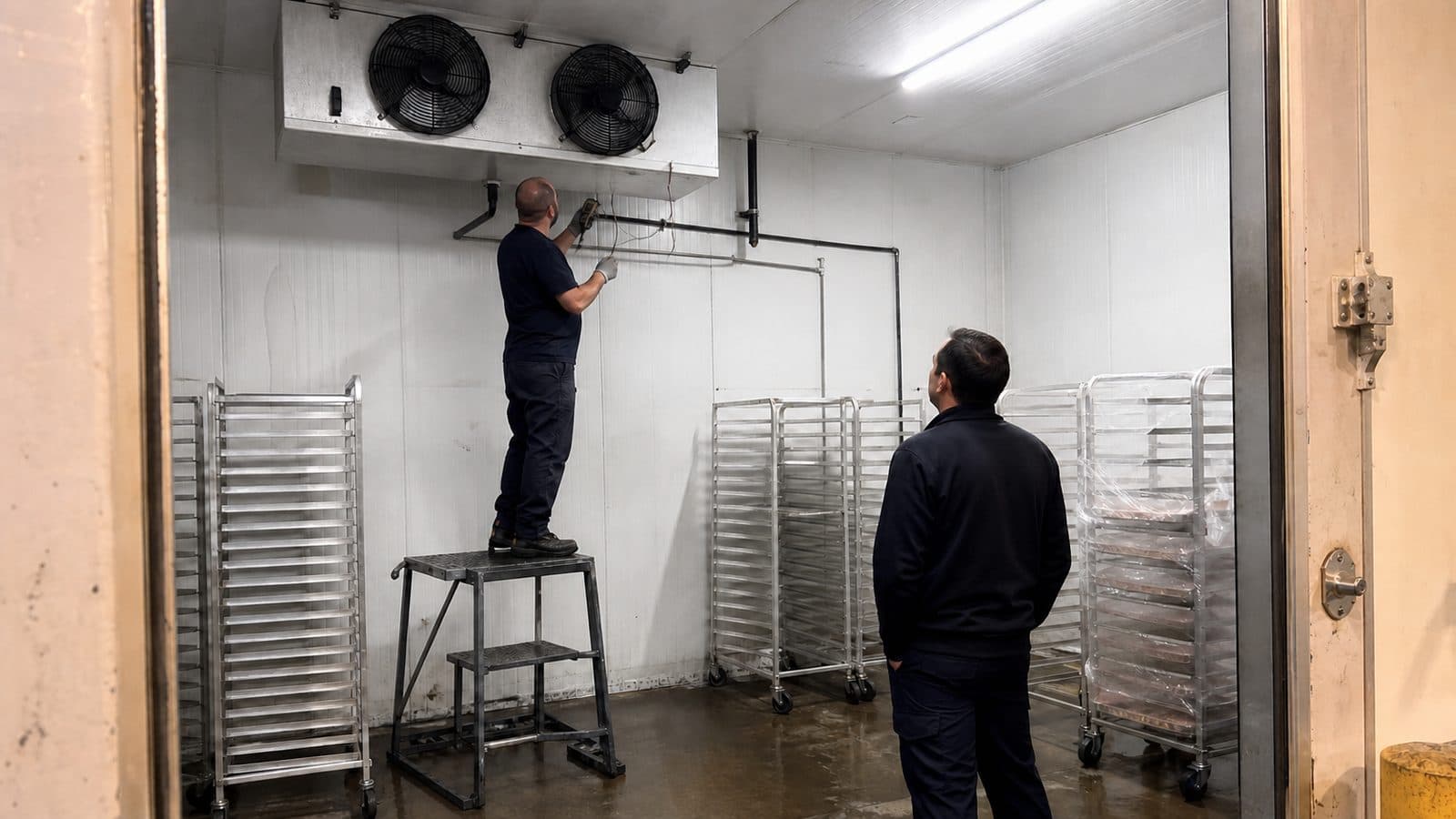 Technician on a step ladder inspecting the evaporator inside a large commissary walk-in cooler
