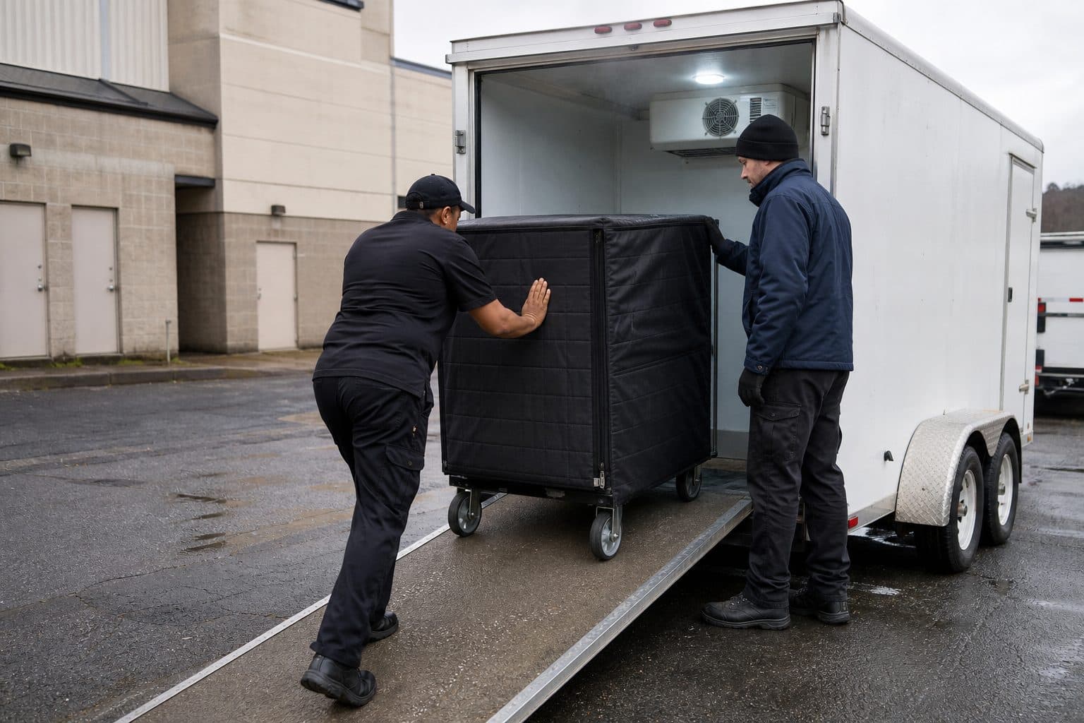 Kitchen staff rolling an insulated banquet cart up into a mobile cold storage trailer parked at a service entrance