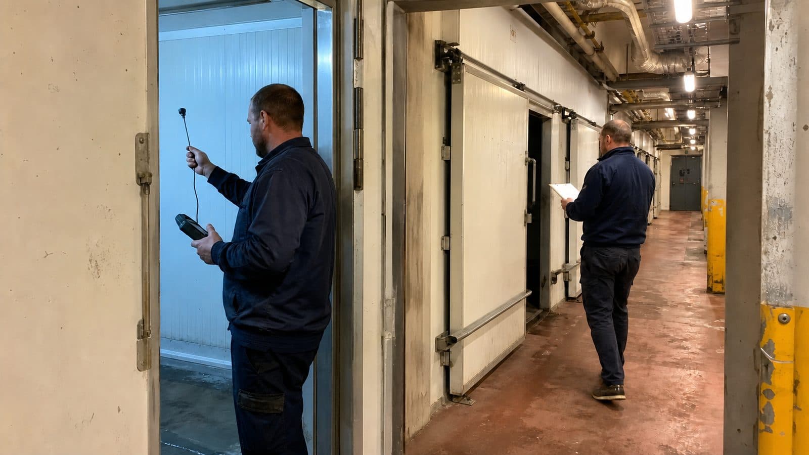 Technician recording temperatures on a handheld device outside a multi-room cold storage facility
