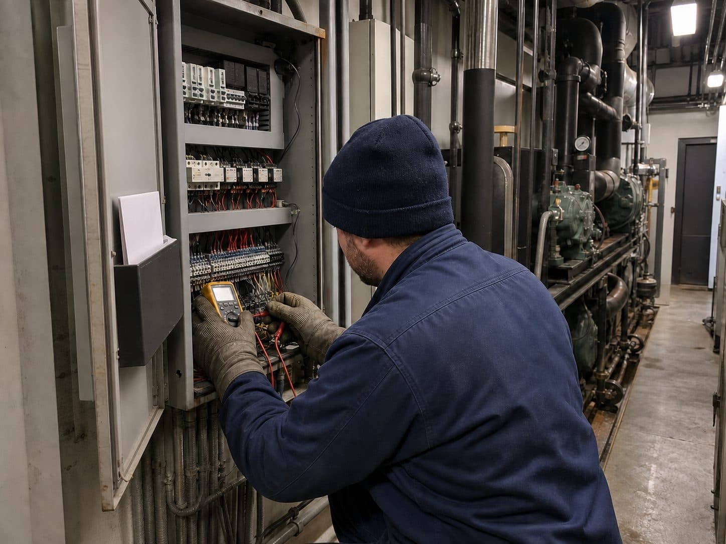 Technician diagnosing a refrigeration control panel with a multimeter