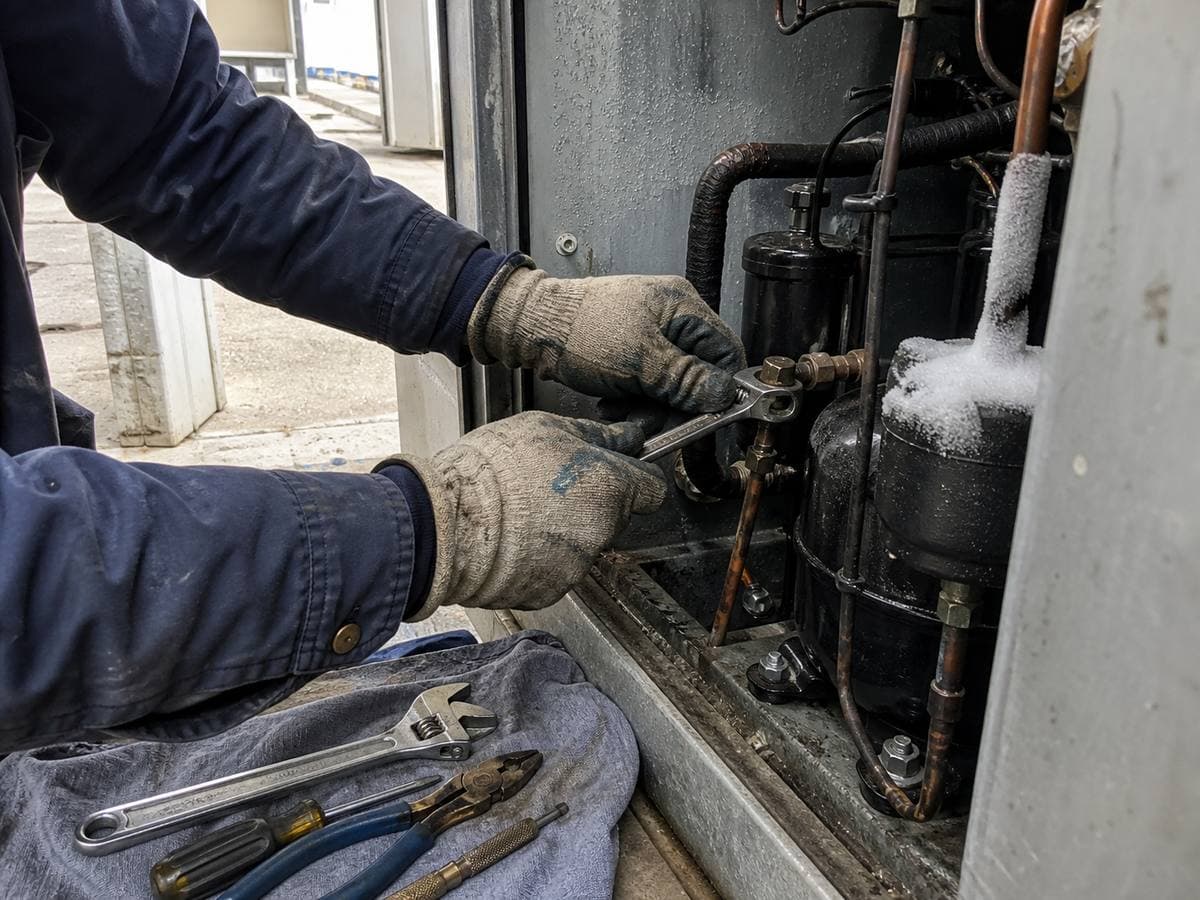 Licensed 313A refrigeration mechanic repairing a commercial walk-in cooler