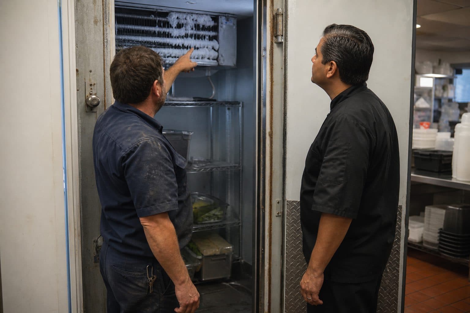 Refrigeration technician showing an iced-up evaporator coil inside a walk-in cooler to a chef