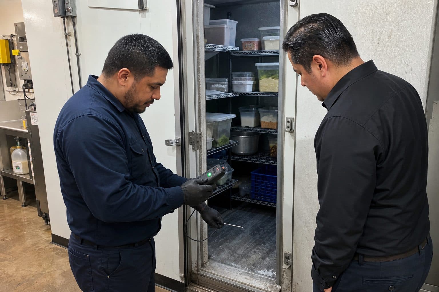 Temperature being probed inside a commercial walk-in cooler alongside a facility manager
