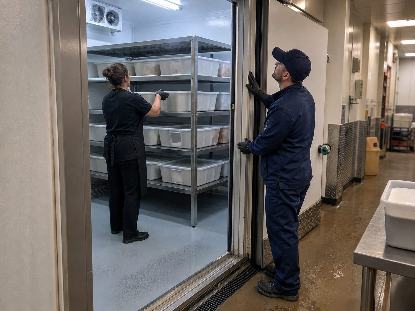 A technician servicing a walk-in cooler at the back of a commercial kitchen while cooks keep working the line beside him